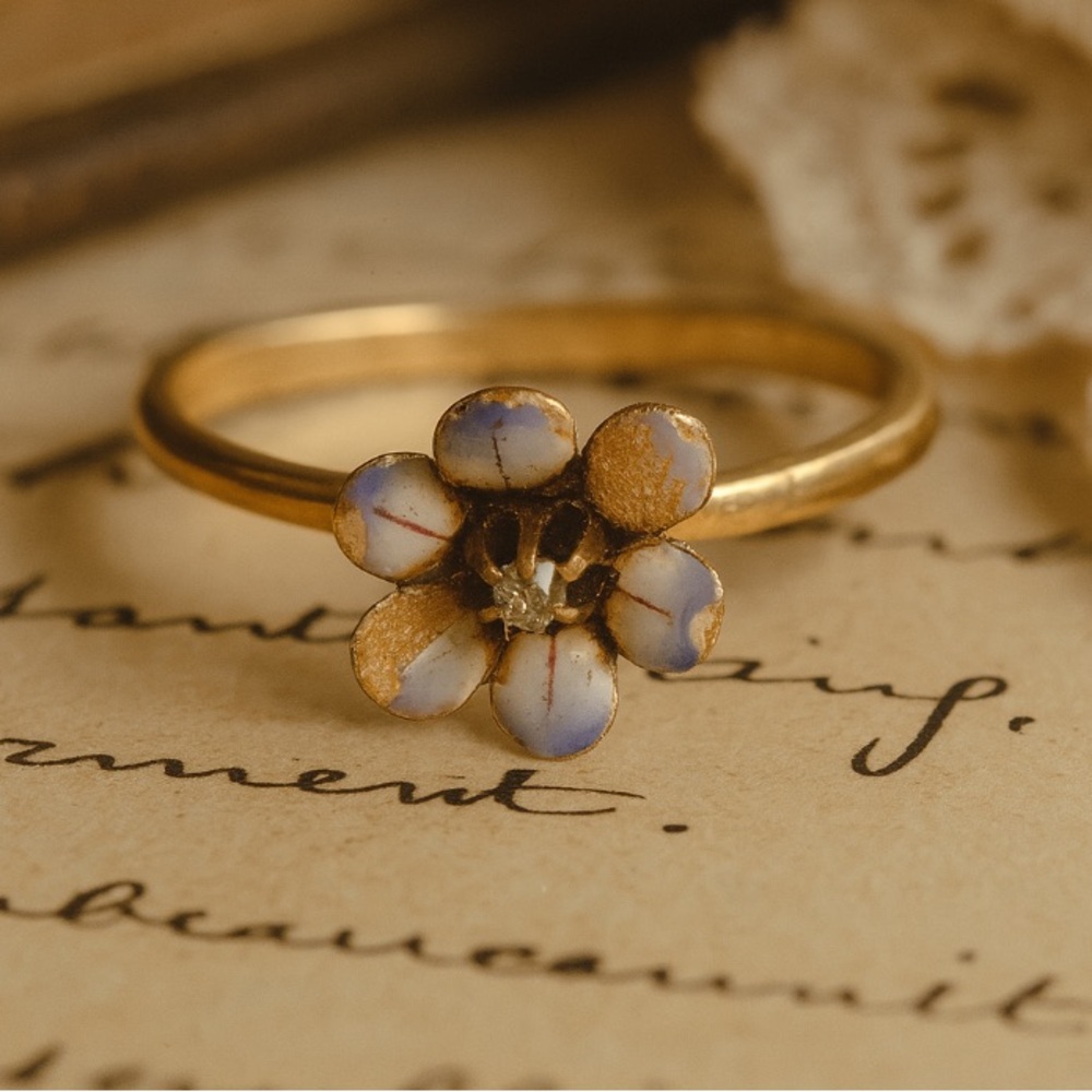 Antique Victorian Forget-Me-Not Enamel Ring, 10K Gold, Mine Cut Diamond, c.1880s